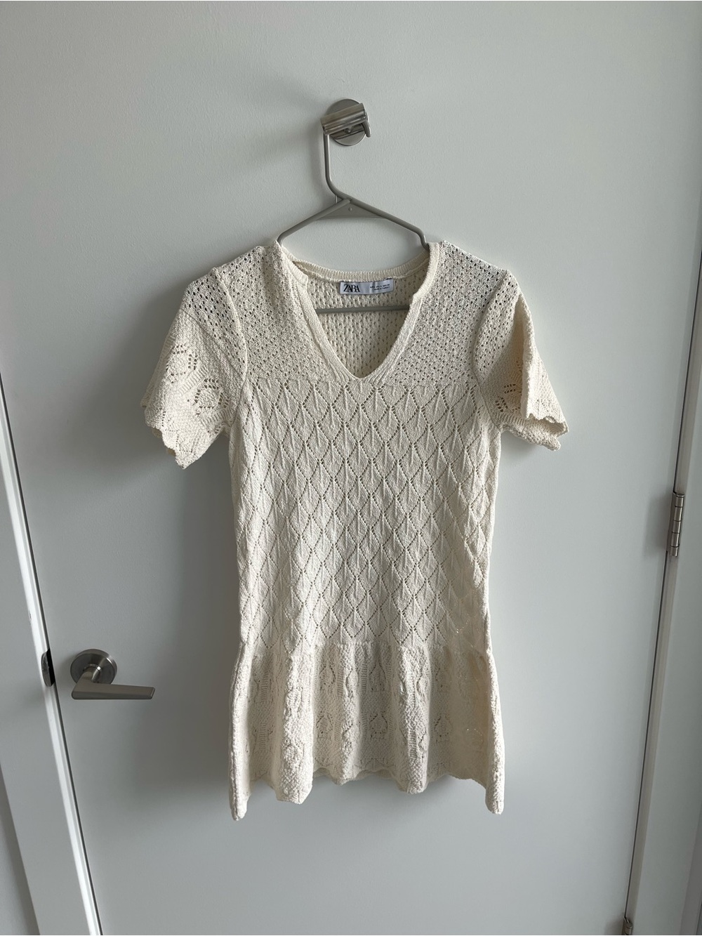 Zara Cream Knit V-Neck Eyelet Sweater Dress
